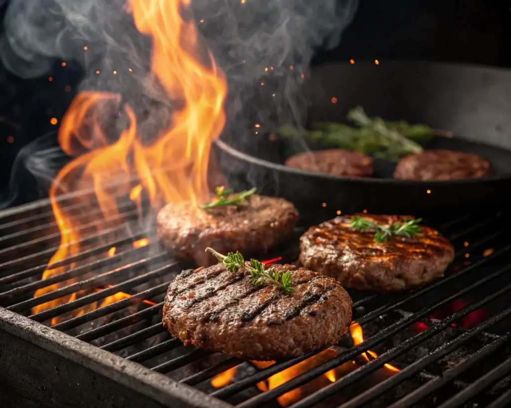 Grilling beef burgers on a BBQ grill