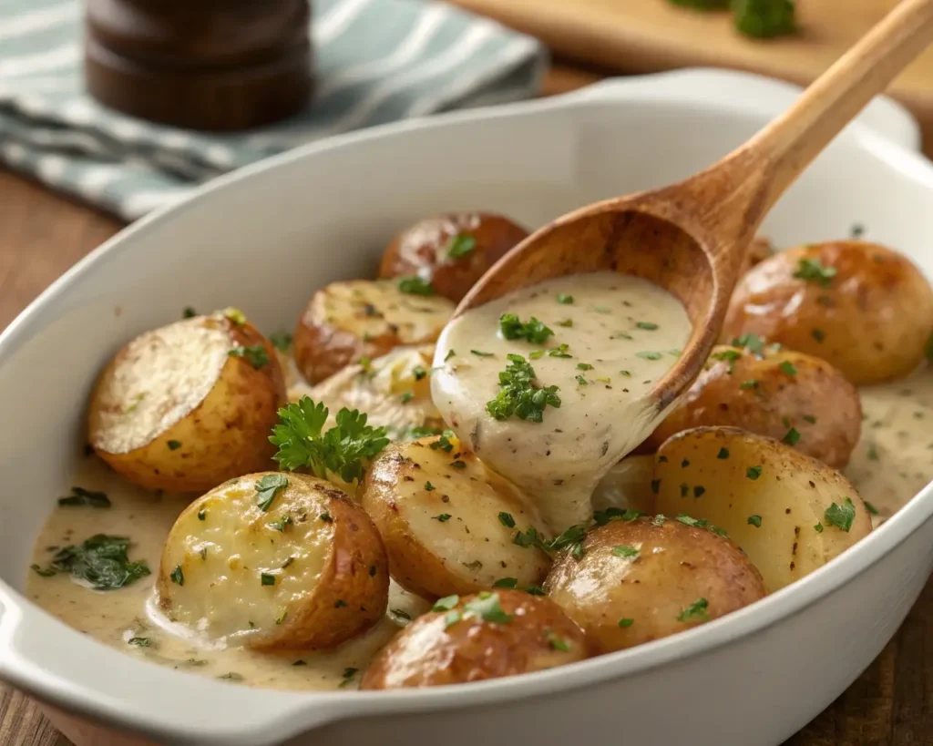 Creamy garlic Parmesan chicken and potatoes in a rich, cheesy sauce.