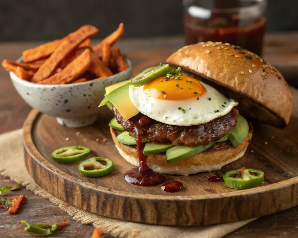 Beef Burgers with avocado, jalapeños, fried egg, and BBQ sauce