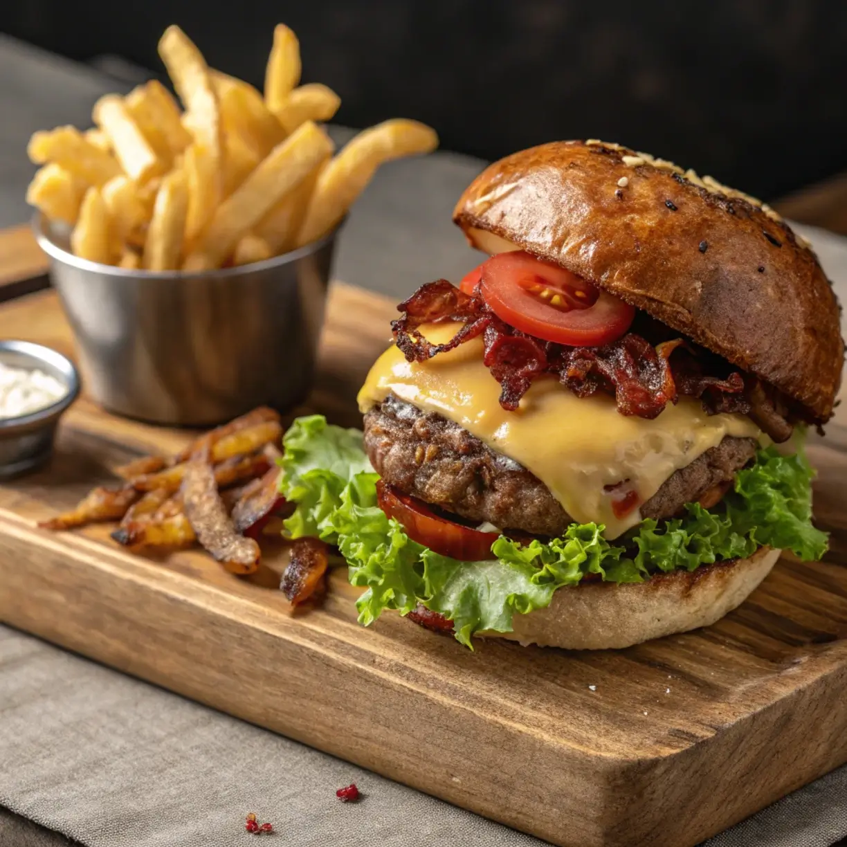 Beef Burgers with melted cheese, crispy bacon, and fresh toppings