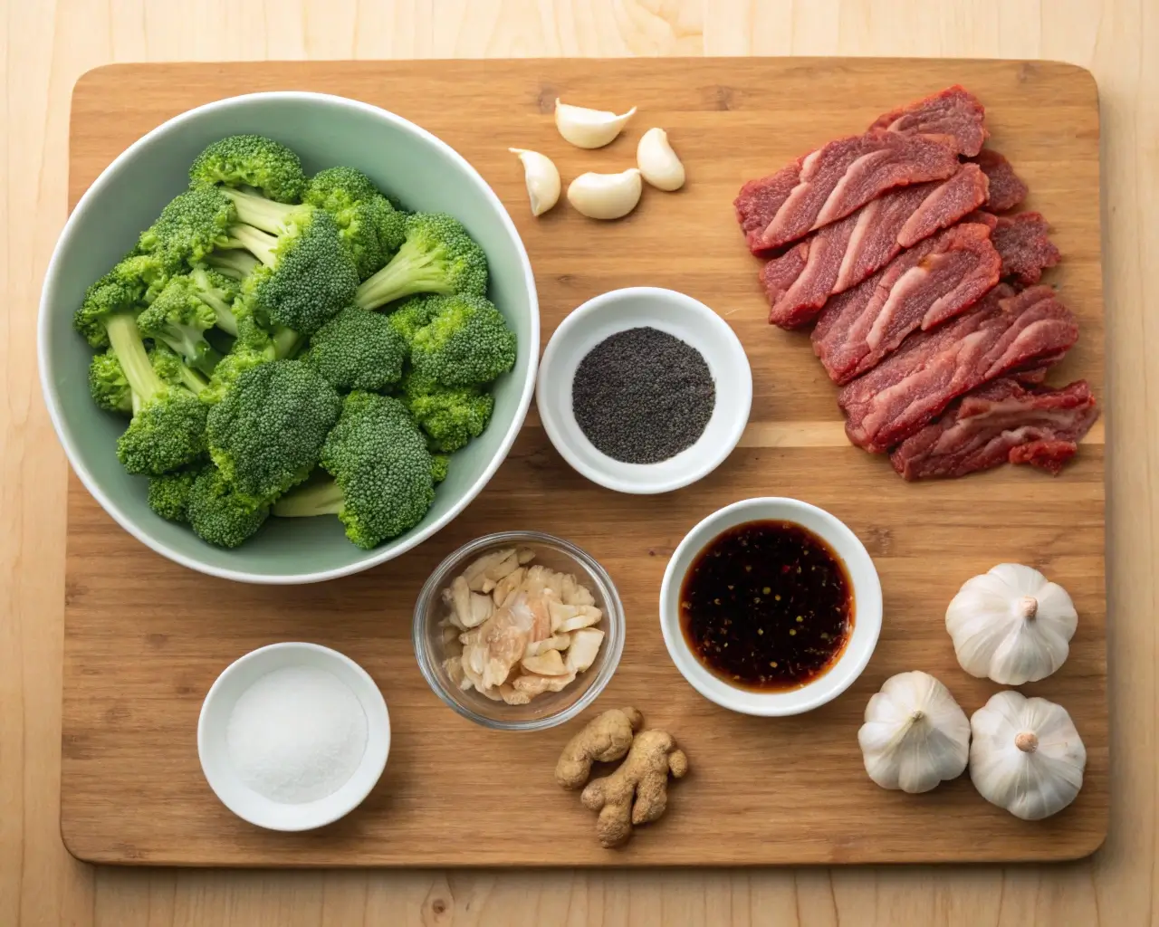 Ingredients for Beef and Broccoli Recipe including beef, broccoli, and stir-fry sauces.