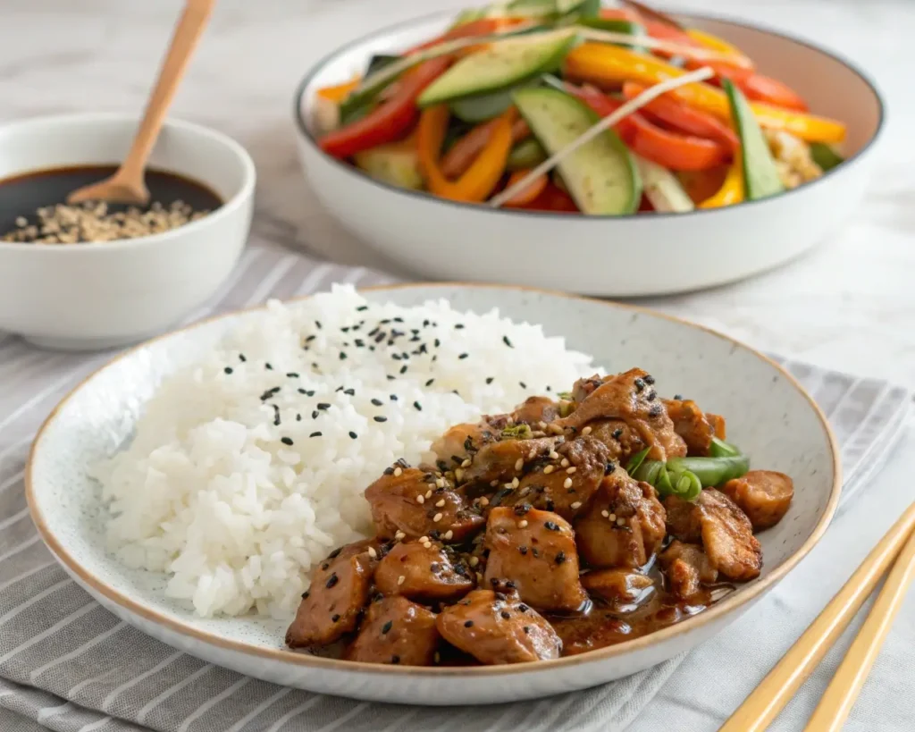 Black Pepper Chicken with rice and stir-fried vegetables