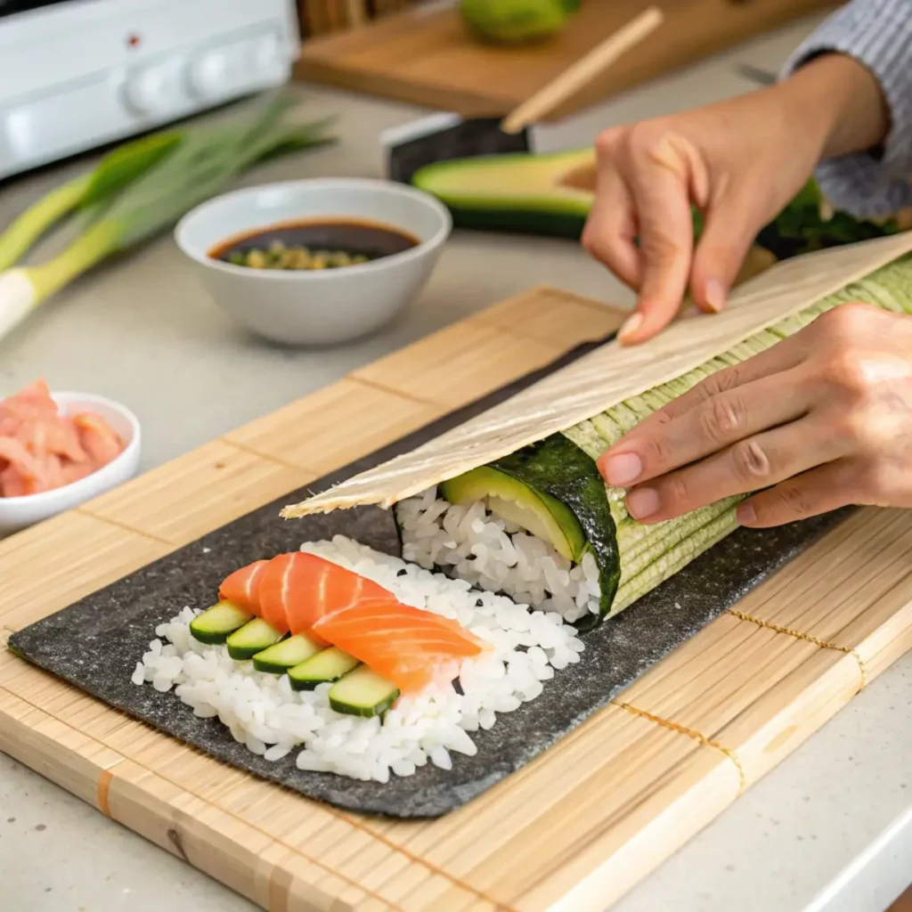 Making a homemade Sushi Roll with fresh ingredients and bamboo mat.