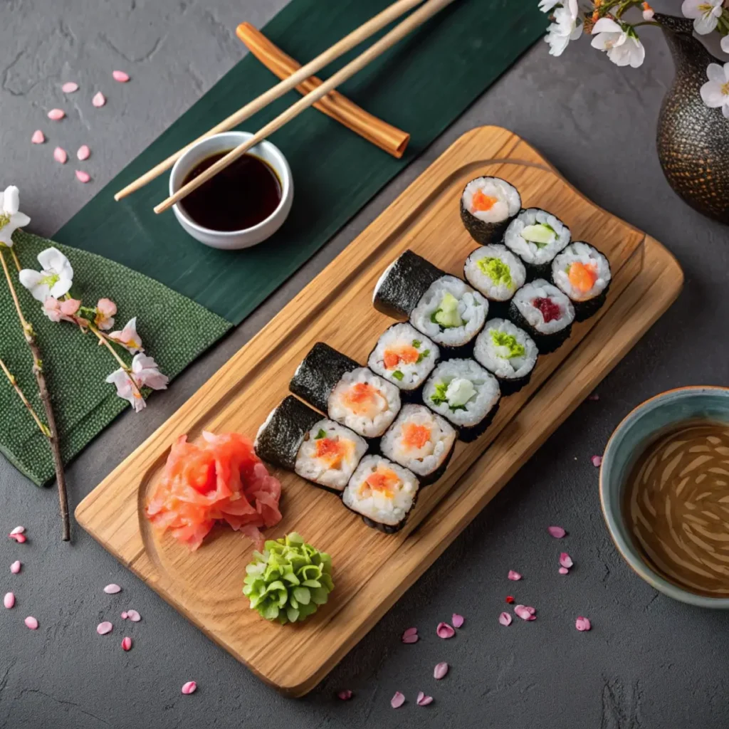 Traditional Sushi Roll platter with fresh ingredients and dipping sauces.