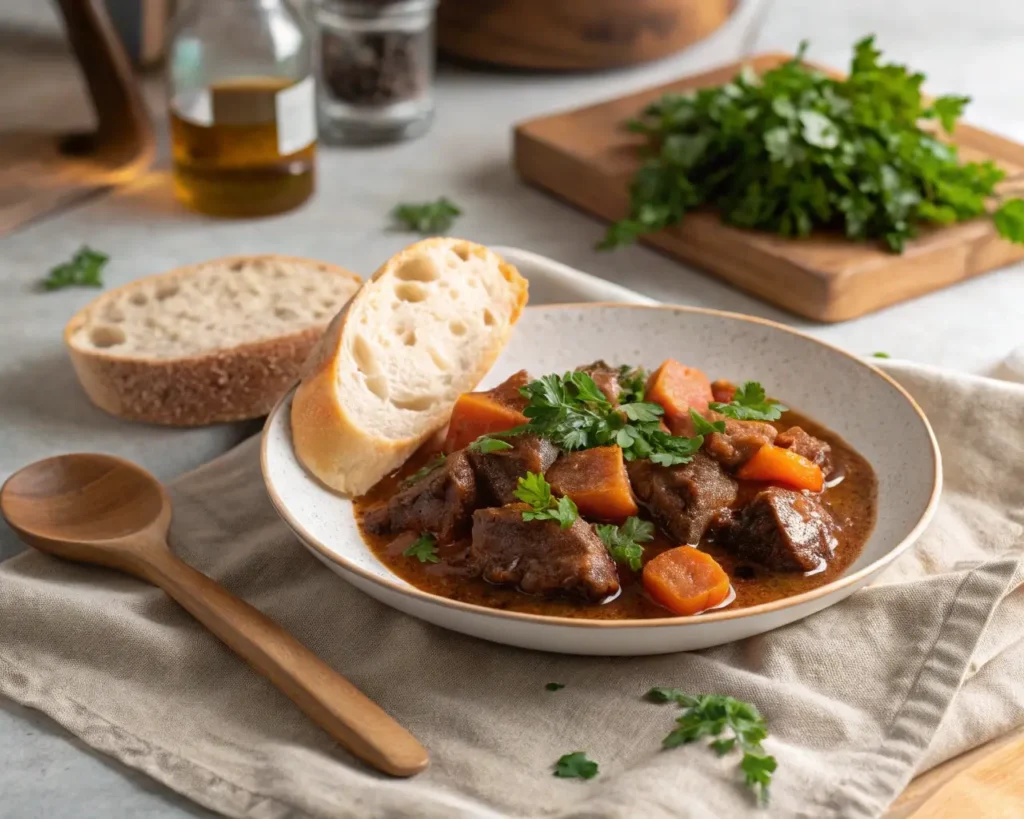 Classic Slow Cooker Beef Stew served with crusty bread and fresh herbs.