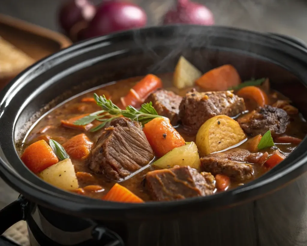 Classic Slow Cooker Beef Stew simmering in a slow cooker with vegetables.