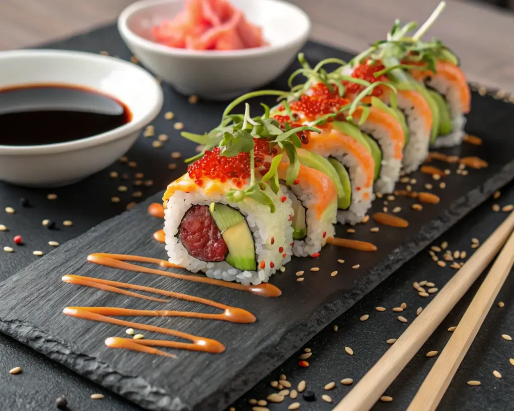 Fusion-style Sushi Roll with gourmet toppings and sauces.