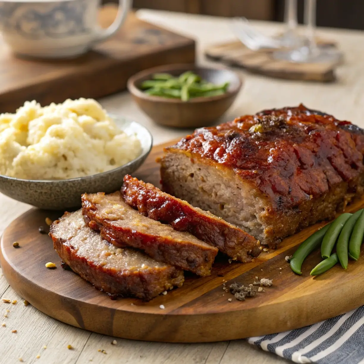 Delicious Meatloaf Recipe served with mashed potatoes and green beans