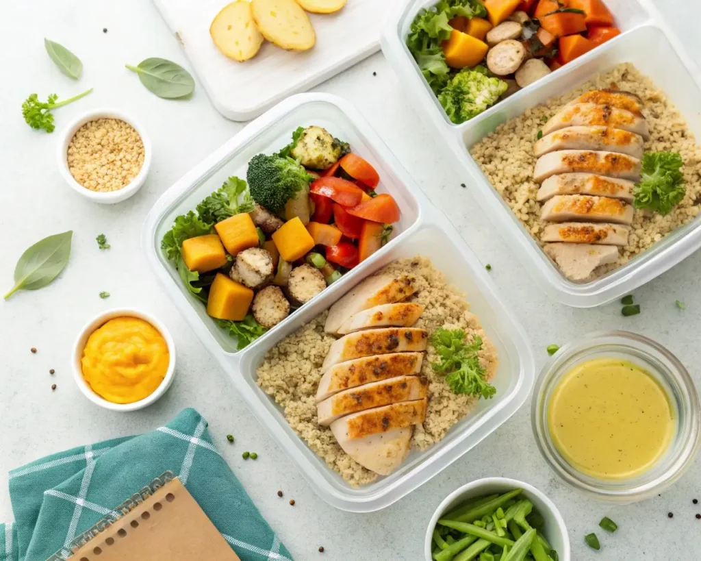 meal prep containers with honey mustard chicken, roasted vegetables, and quinoa