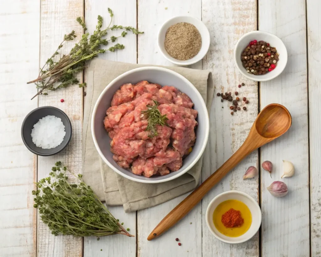 Ingredients for a turkey sausage recipe, including ground turkey, herbs, and spices.