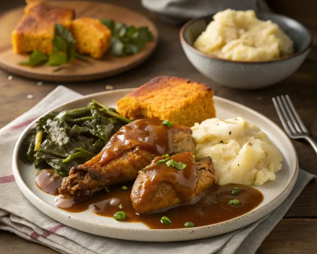 Smothered turkey wings served with mashed potatoes