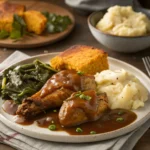 Smothered turkey wings served with mashed potatoes