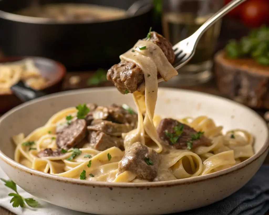 A forkful of creamy Beef Stroganoff with tender beef and egg noodles.