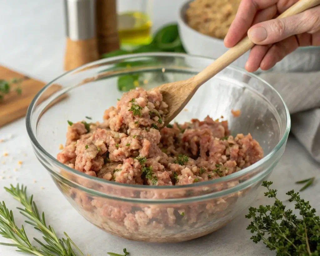 Mixing a turkey sausage recipe with fresh spices and ground turkey in a bowl.

