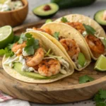 Spicy Shrimp Tacos Recipe – Plated with creamy slaw, avocado, and lime.