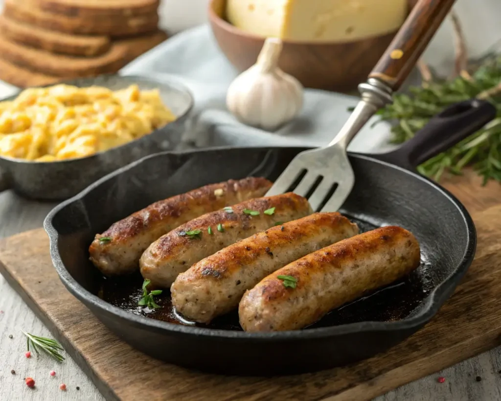 Golden-brown turkey sausage recipe links sizzling in a cast-iron skillet.