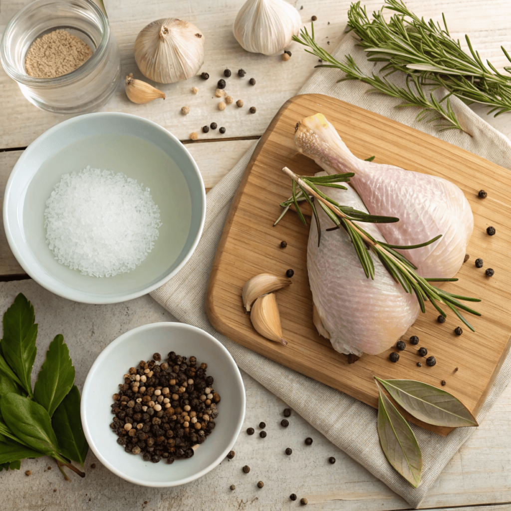 How to brine chicken breast – salt, water, sugar, and spices on a wooden table.