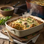 Ground Turkey Cabbage Casserole Recipes – A freshly baked, cheesy turkey and cabbage casserole in a rustic dish.