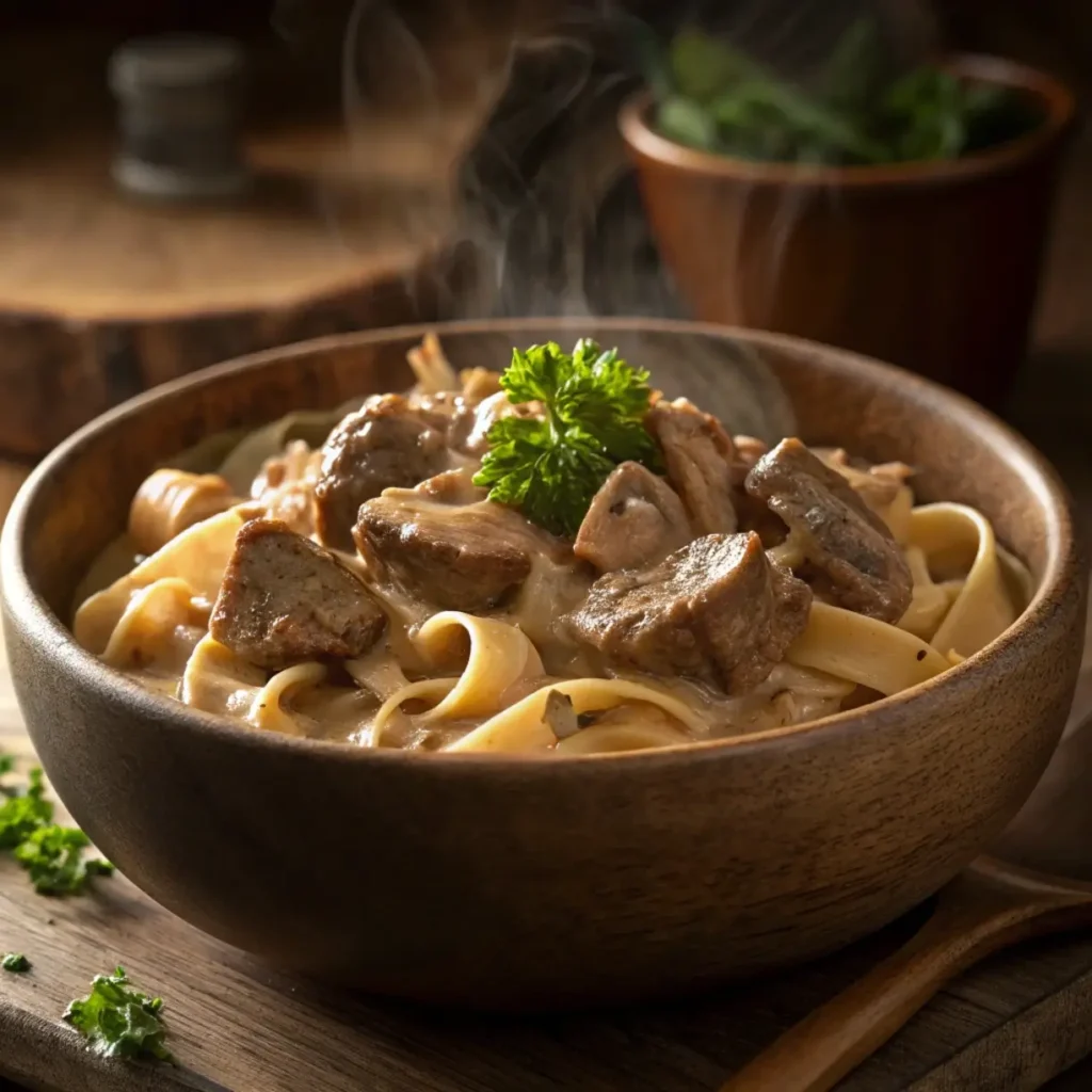 Classic Beef Stroganoff served over egg noodles with creamy sauce and mushrooms.