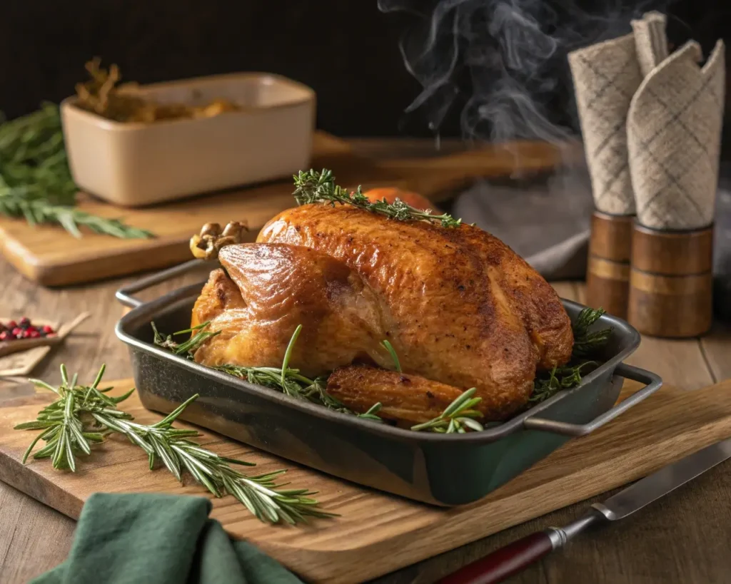 Best Thanksgiving Turkey fresh from the oven with golden, crispy skin and herbs.