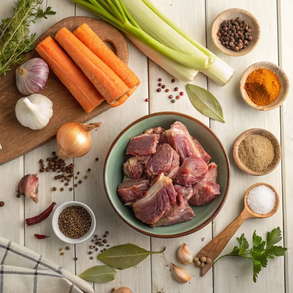 Turkey Neck Recipe ingredients – fresh turkey necks, garlic, onions, carrots, and spices.