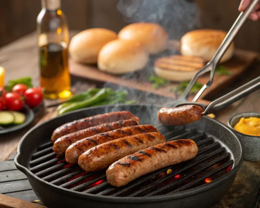 Grilled turkey sausage recipe links sizzling on a BBQ with char marks.