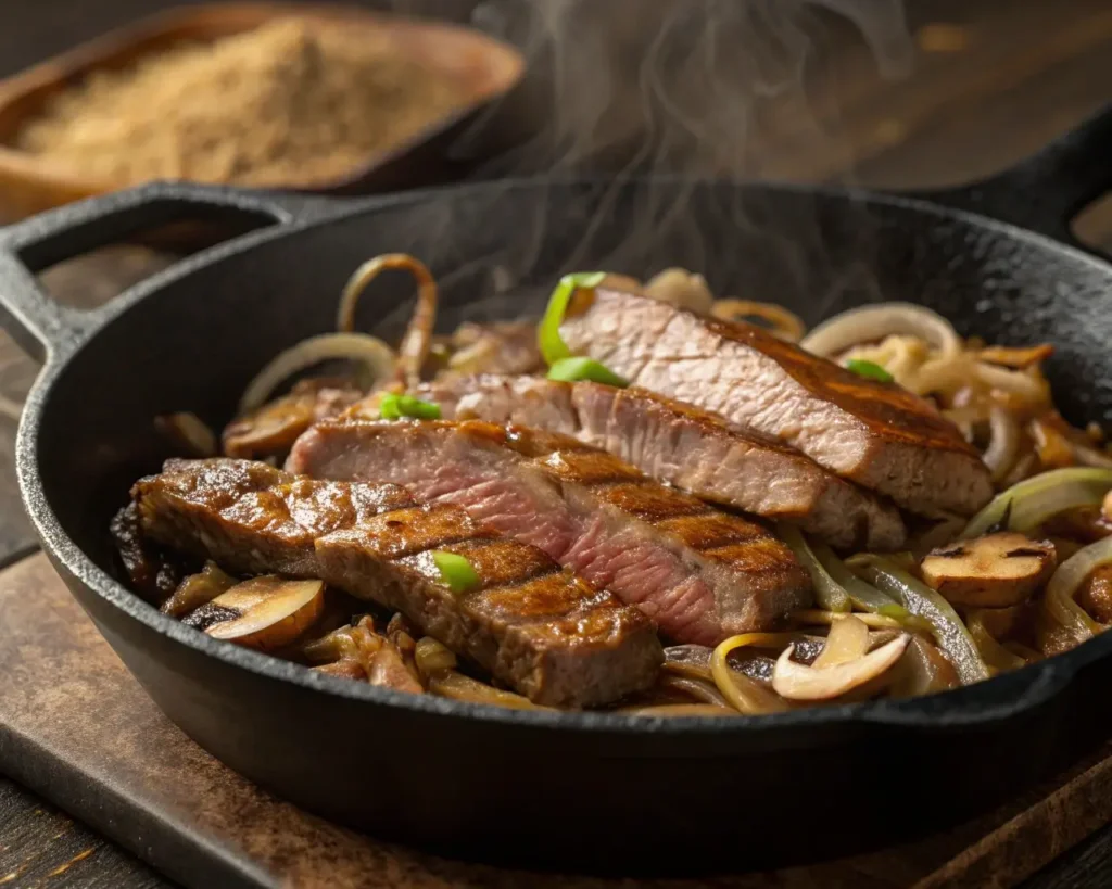 Sautéing beef, mushrooms, and onions for Beef Stroganoff in a skillet.