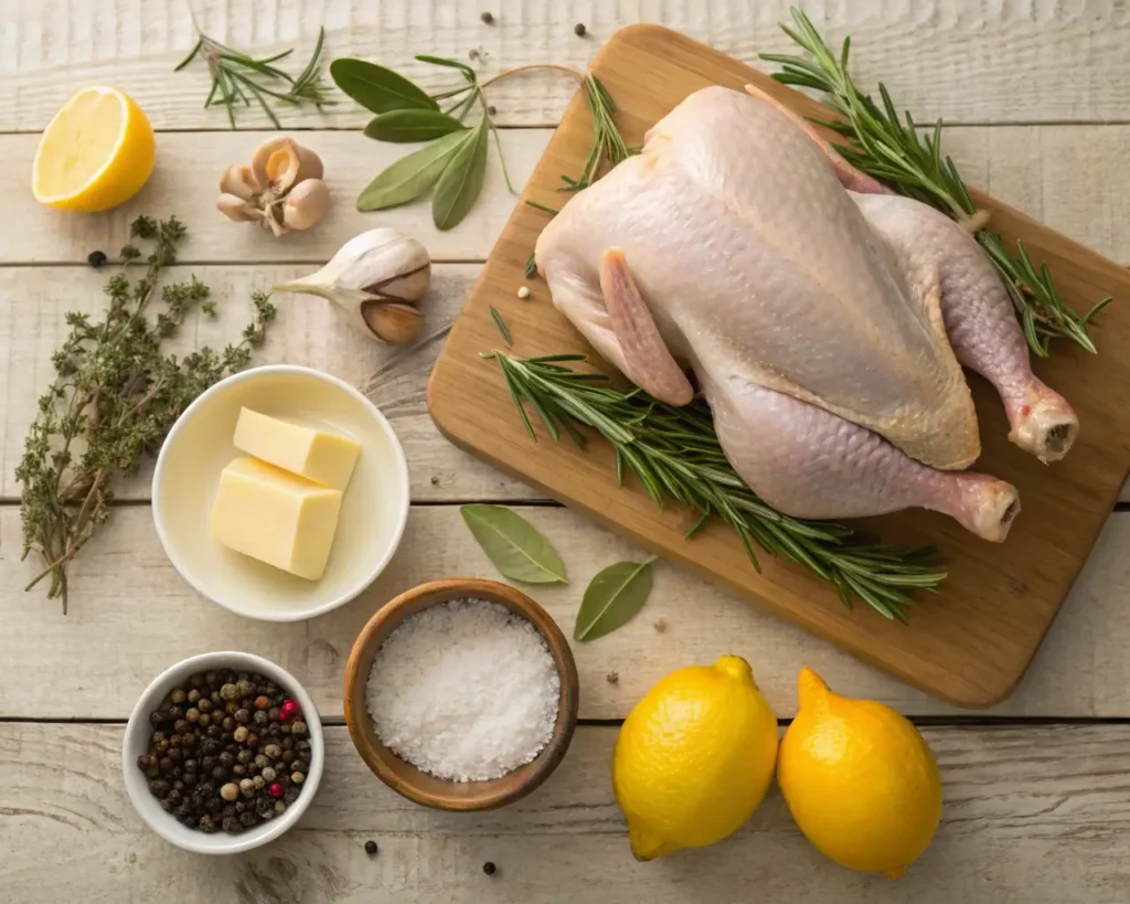 Best Thanksgiving Turkey ingredients including fresh herbs, butter, and seasonings.