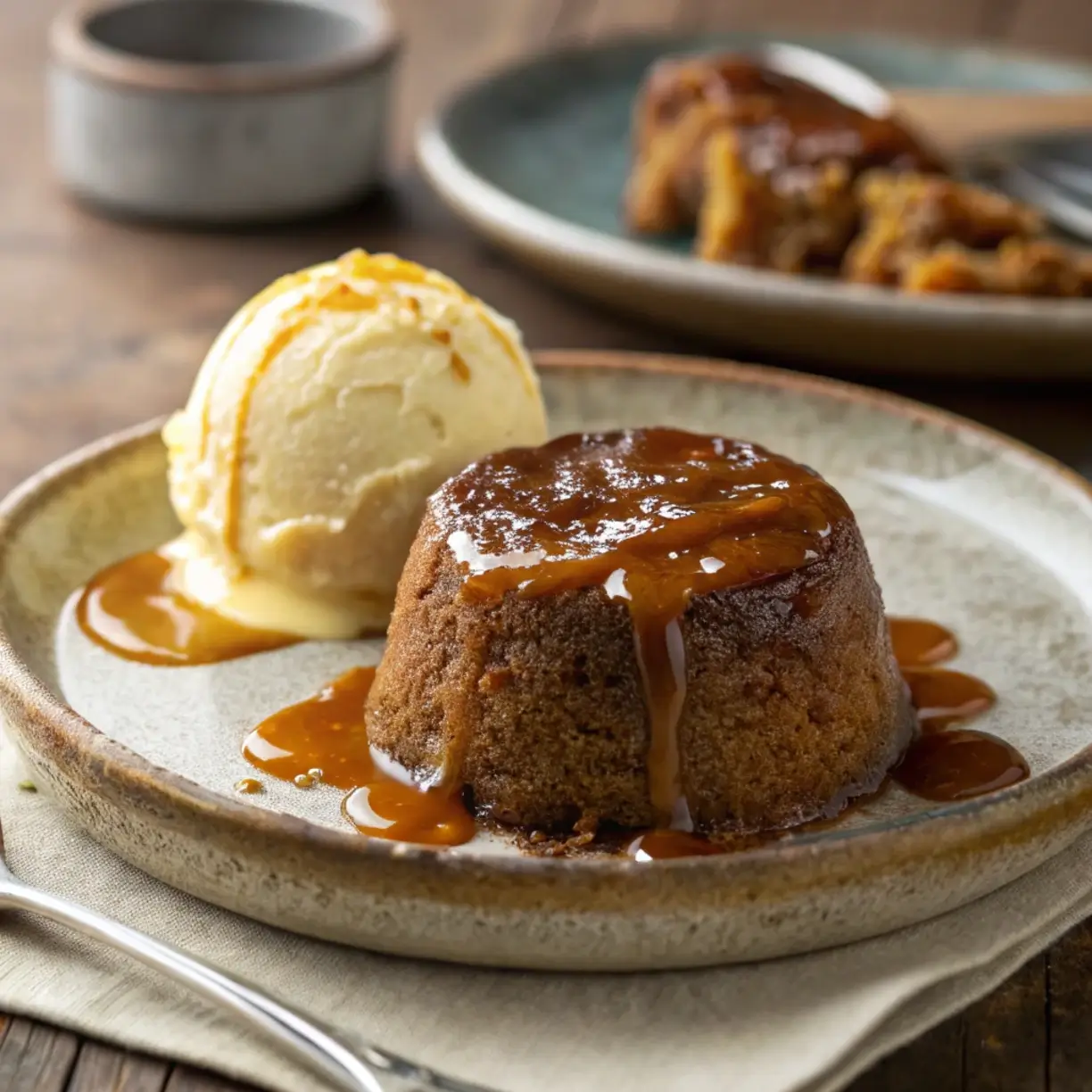 Sticky Toffee Pudding served with warm toffee sauce and vanilla ice cream.