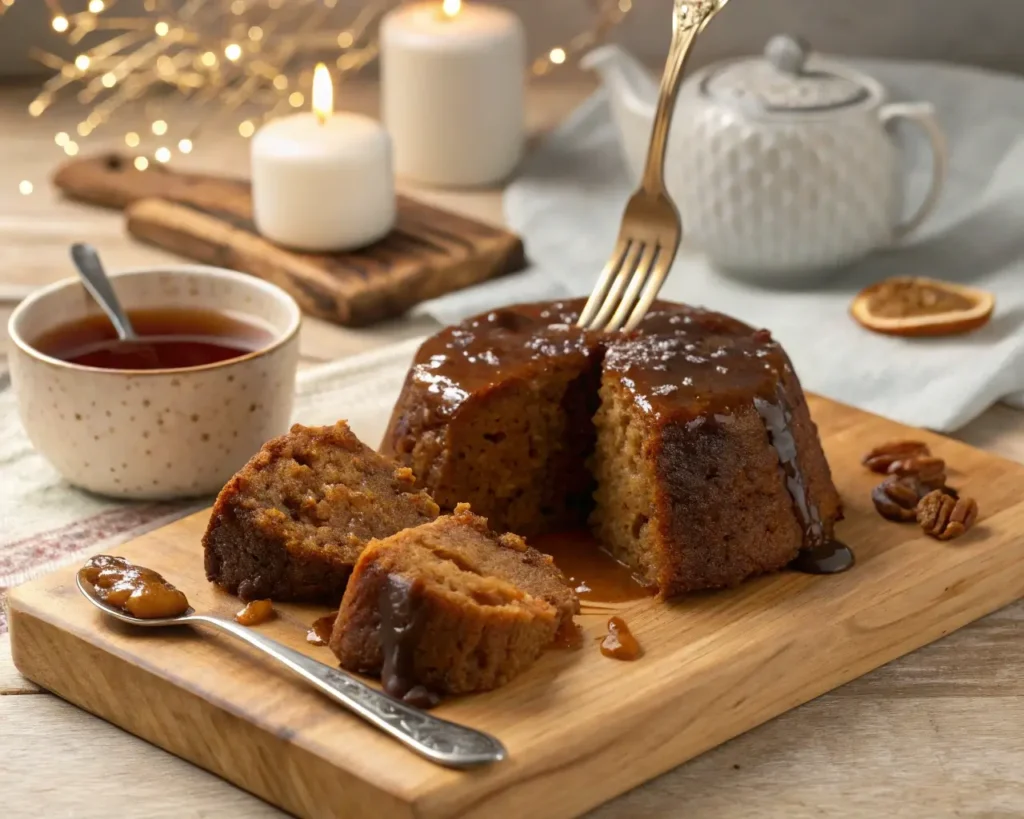 Sliced Sticky Toffee Pudding with rich toffee sauce on a wooden board.