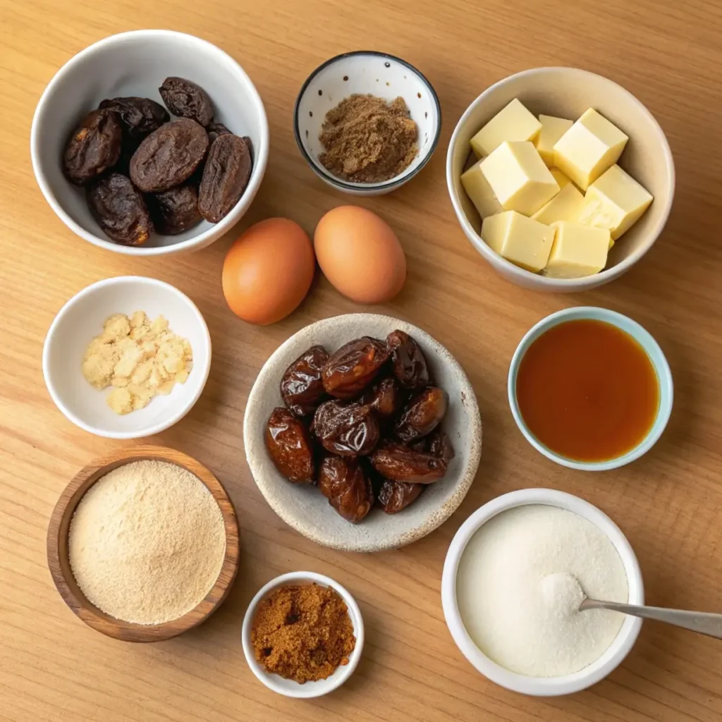 Sticky Toffee Pudding ingredients including dates, butter, sugar, and flour.