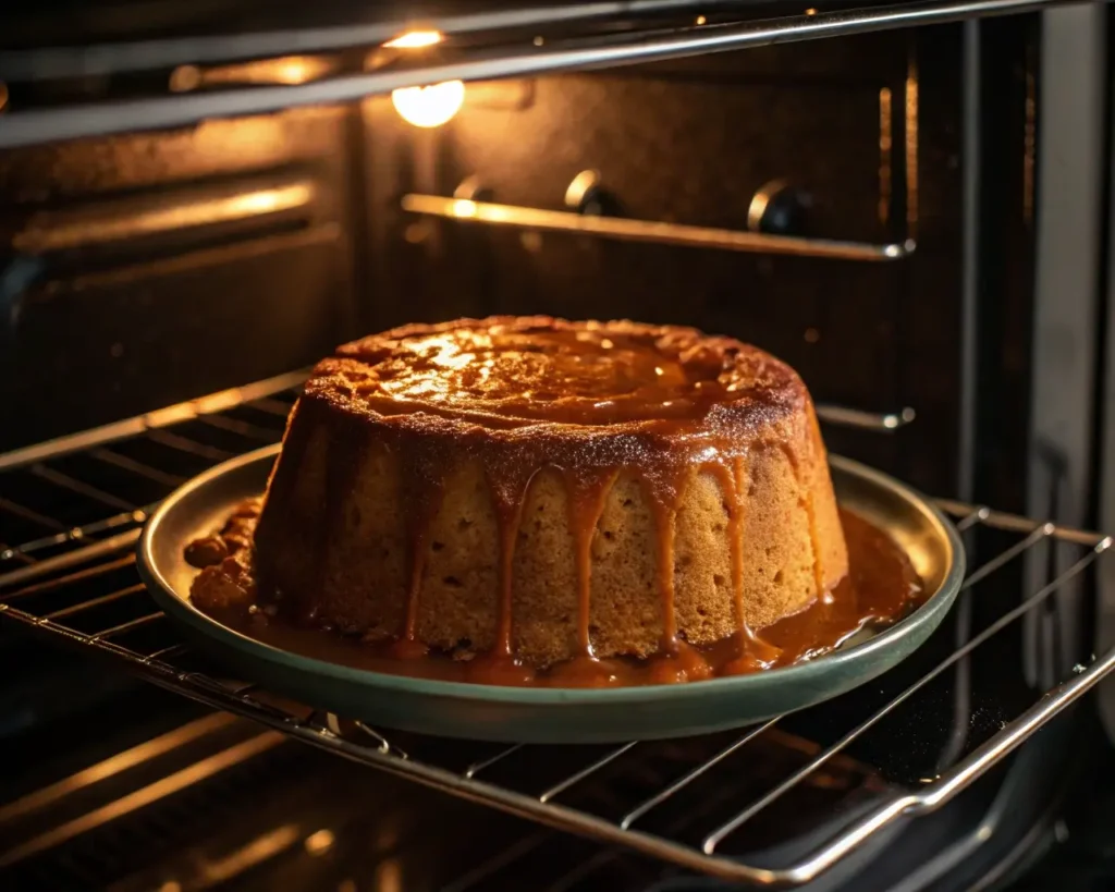 Sticky Toffee Pudding baking in the oven, golden brown and rising