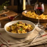 Cheesy Beef Bowtie Pasta in Garlic Butter served in a bowl with melted cheese and fresh herbs