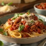 Ground Turkey and Pasta Recipes with rich tomato sauce and Parmesan cheese.