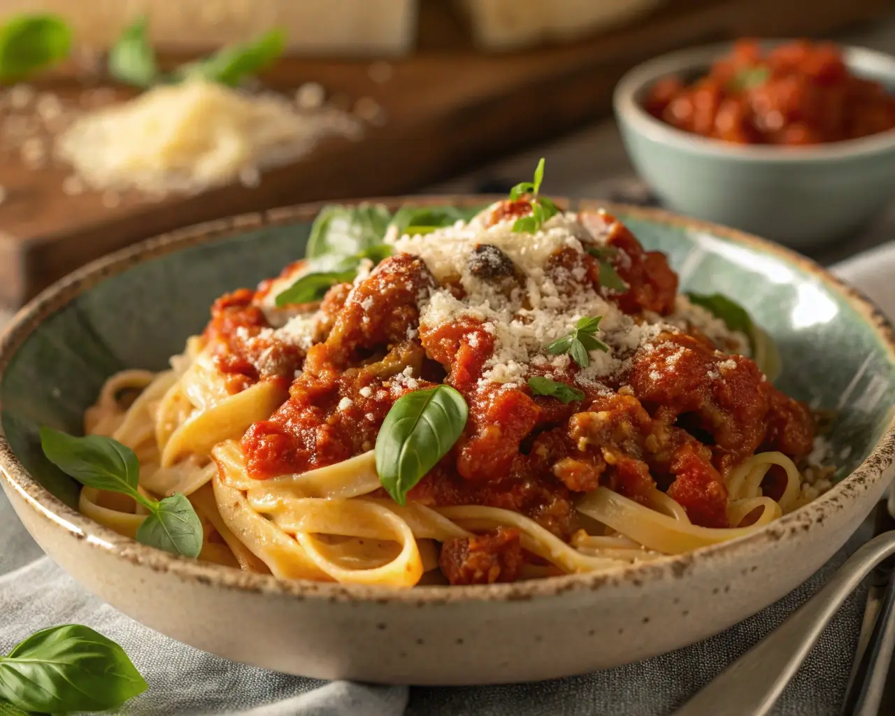 Ground Turkey and Pasta Recipes with rich tomato sauce and Parmesan cheese.