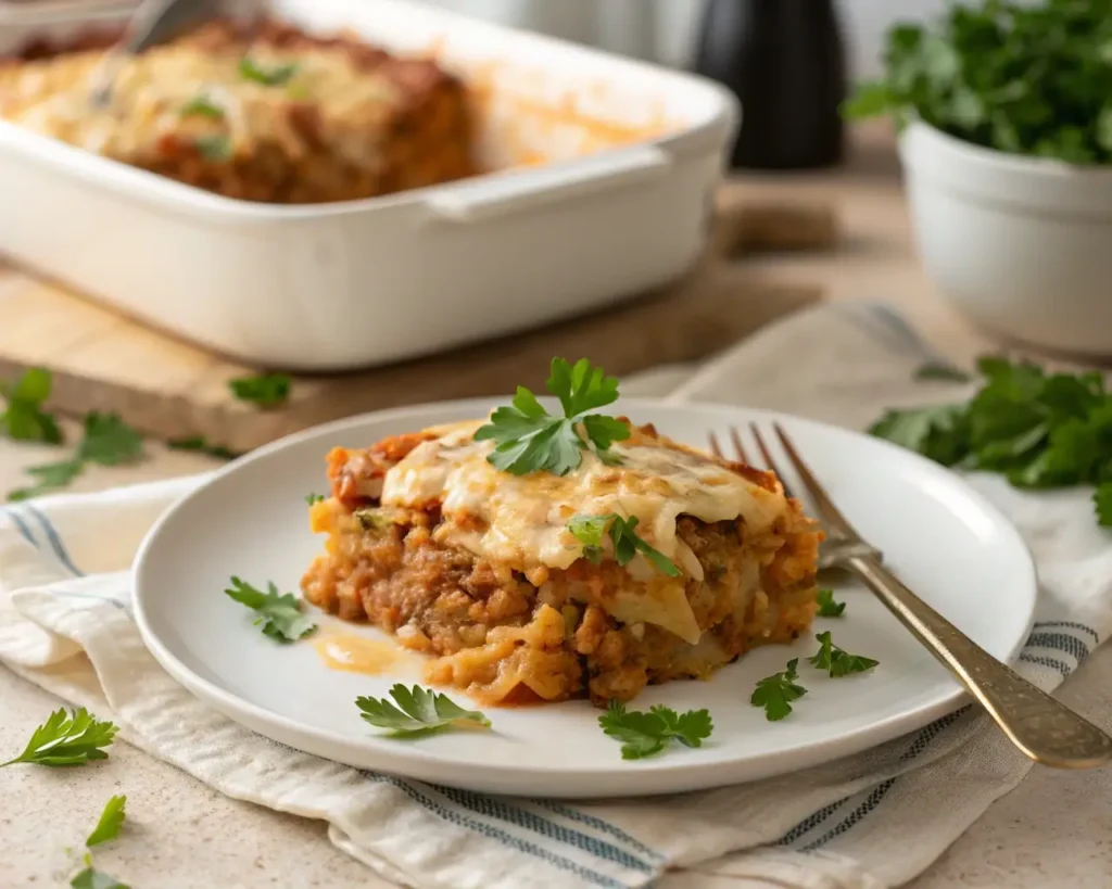 : Ground Turkey Cabbage Casserole Recipes – A plated serving of turkey cabbage casserole garnished with fresh parsley.