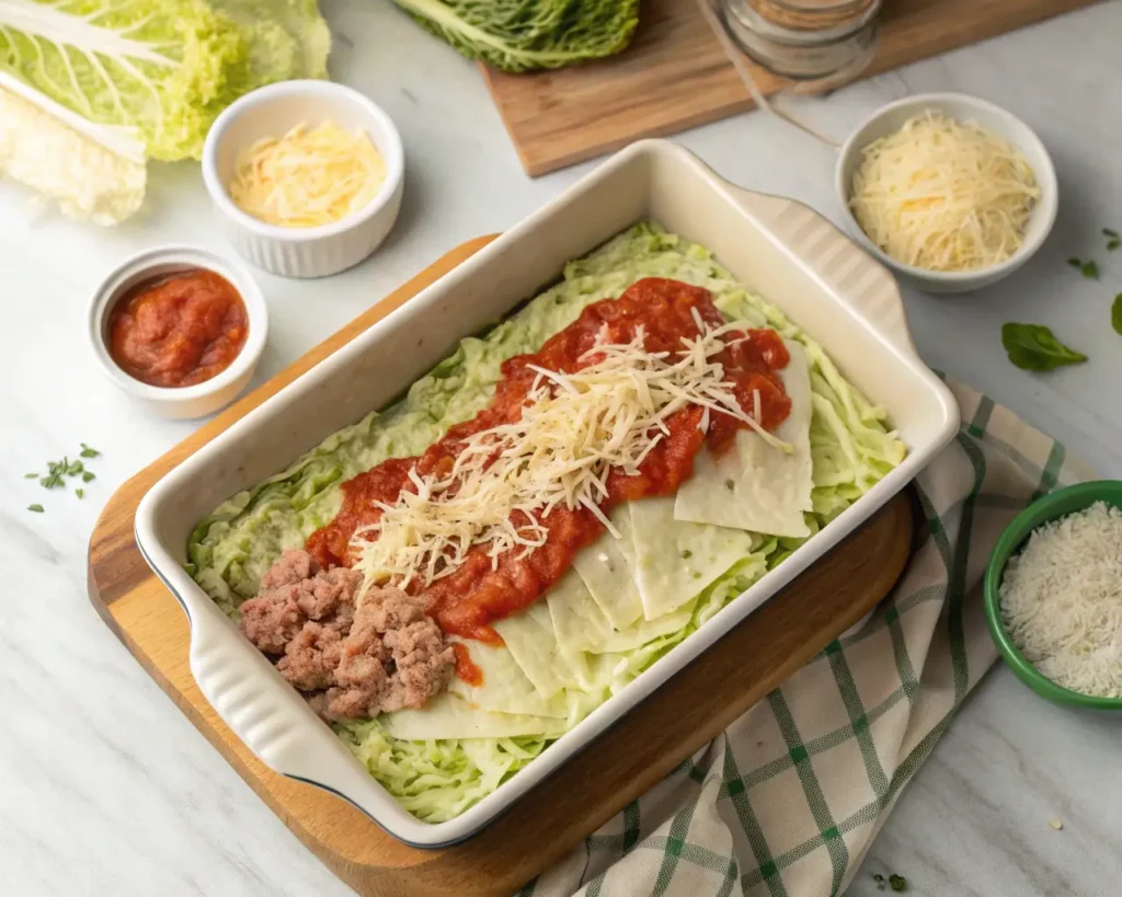 Best Turkey Cabbage Casserole being layered in a baking dish before cooking.