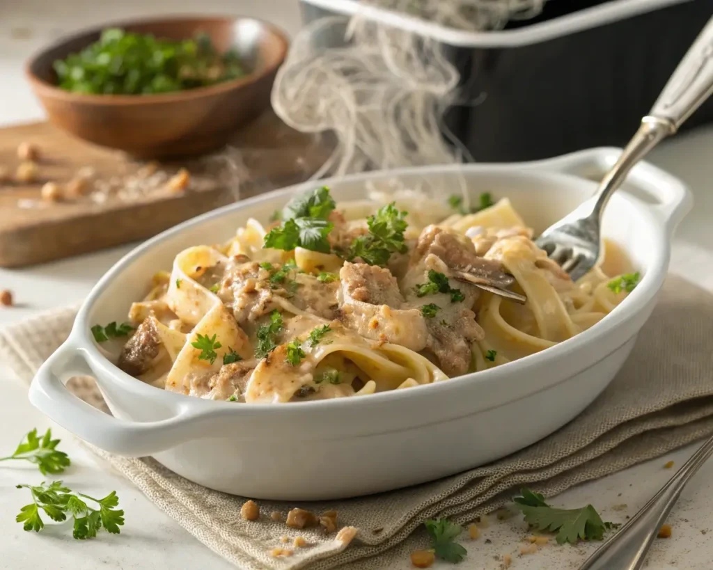 Ground Turkey and Pasta Recipes with creamy Alfredo sauce and fresh parsley.