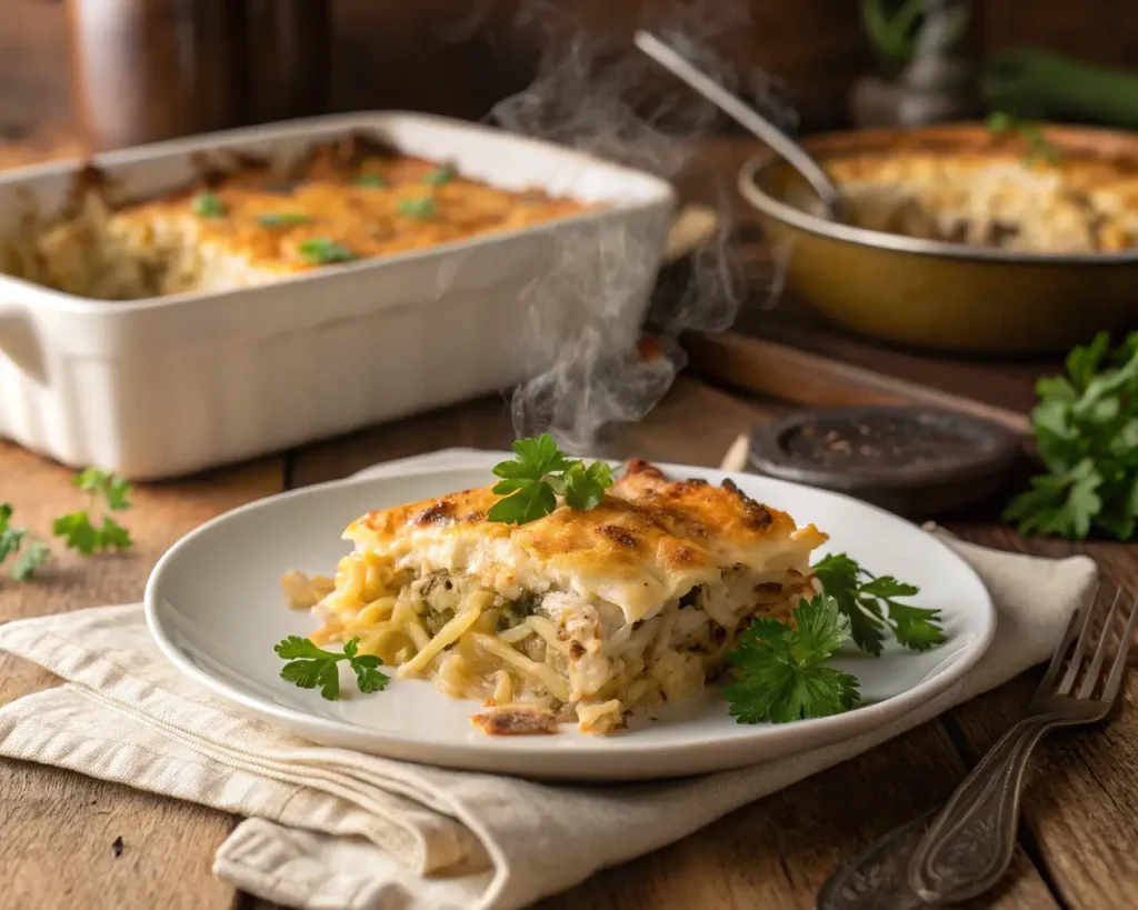 Best Turkey Cabbage Casserole plated with melted cheese and fresh parsley.