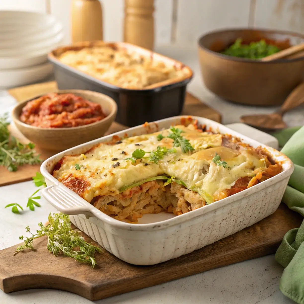 Turkey Cabbage Casserole served in a rustic baking dish with golden, crispy layers.