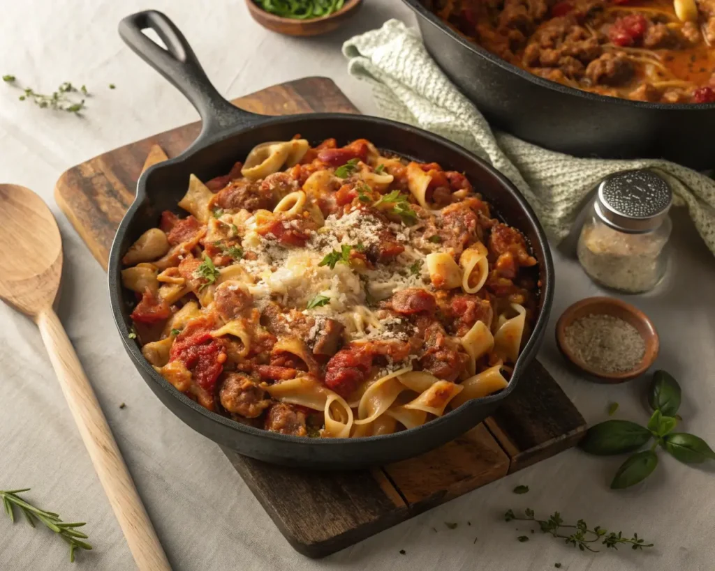 Ground Turkey and Pasta Recipes cooked in a one-pot skillet for an easy meal.