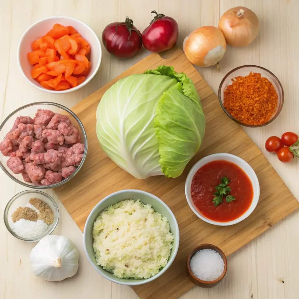 Turkey Cabbage Casserole ingredients, including fresh vegetables and ground turkey.