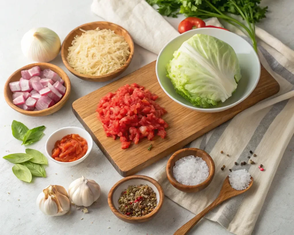 Best Turkey Cabbage Casserole ingredients laid out before cooking.